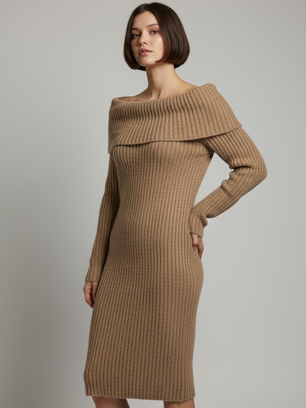 MURCI Camel Off-Shoulder Ribbed Knit Sweater Dress